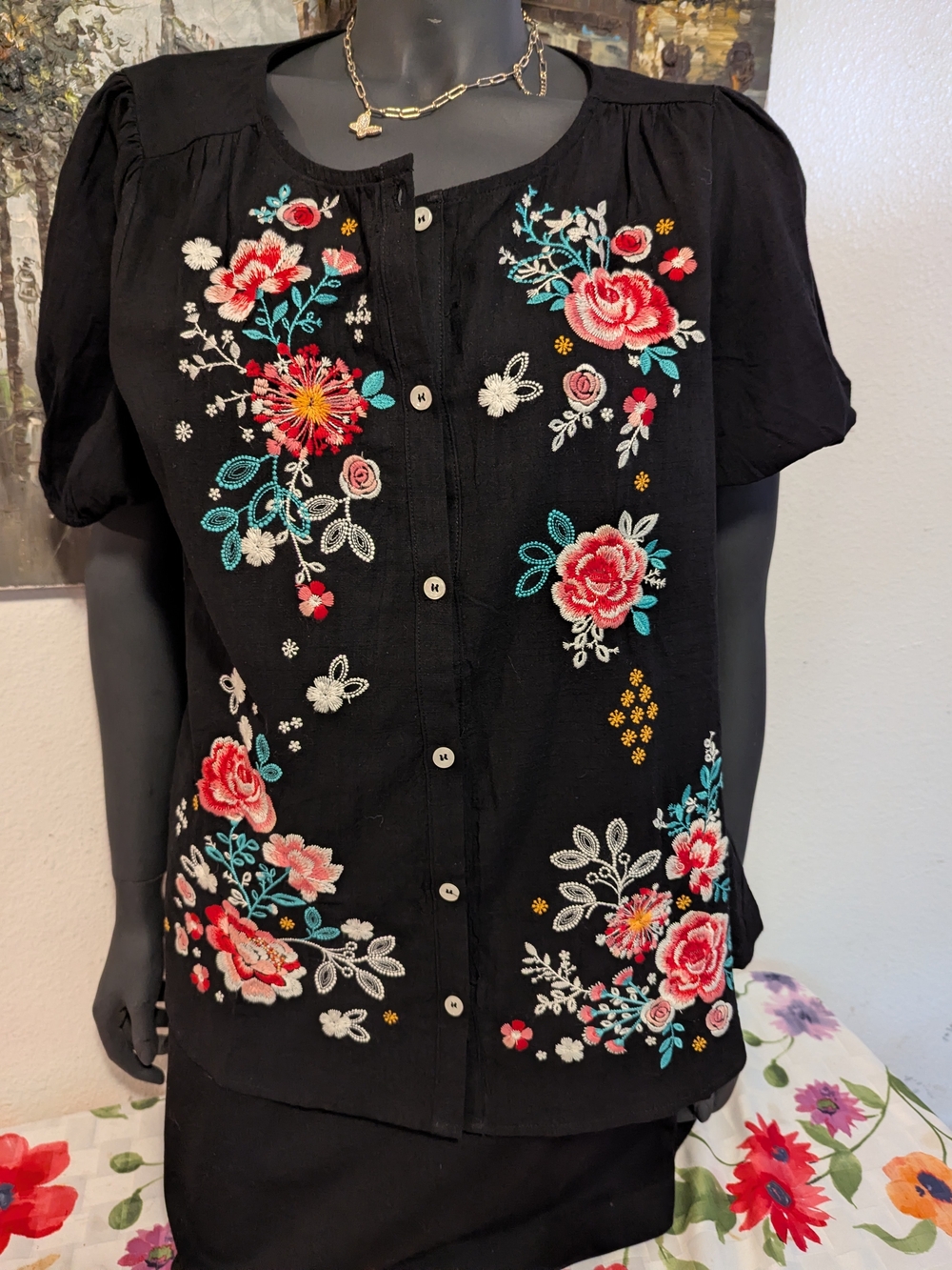 Embroidered Black Floral Button-Front Women's Top
